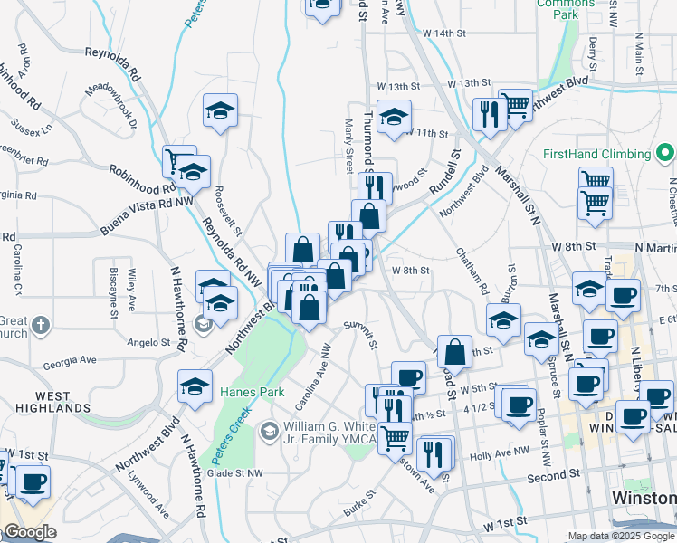 map of restaurants, bars, coffee shops, grocery stores, and more near 1151 Canal Drive in Winston-Salem