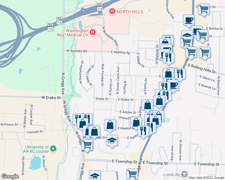 map of restaurants, bars, coffee shops, grocery stores, and more near 2848 North Sunny Lane in Fayetteville