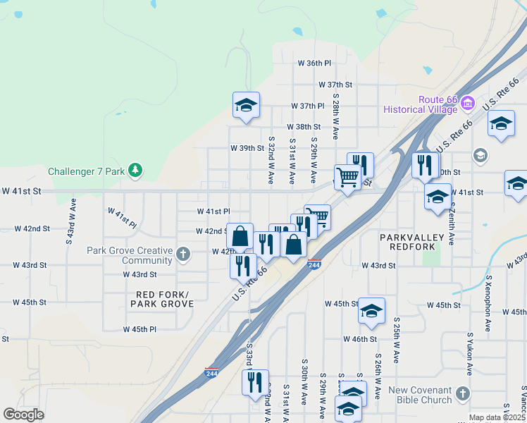 map of restaurants, bars, coffee shops, grocery stores, and more near 4128 South 32nd West Avenue in Tulsa
