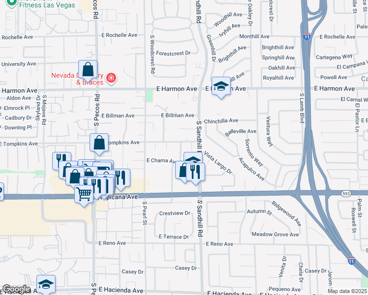 map of restaurants, bars, coffee shops, grocery stores, and more near 3720 South Nambe Drive in Las Vegas