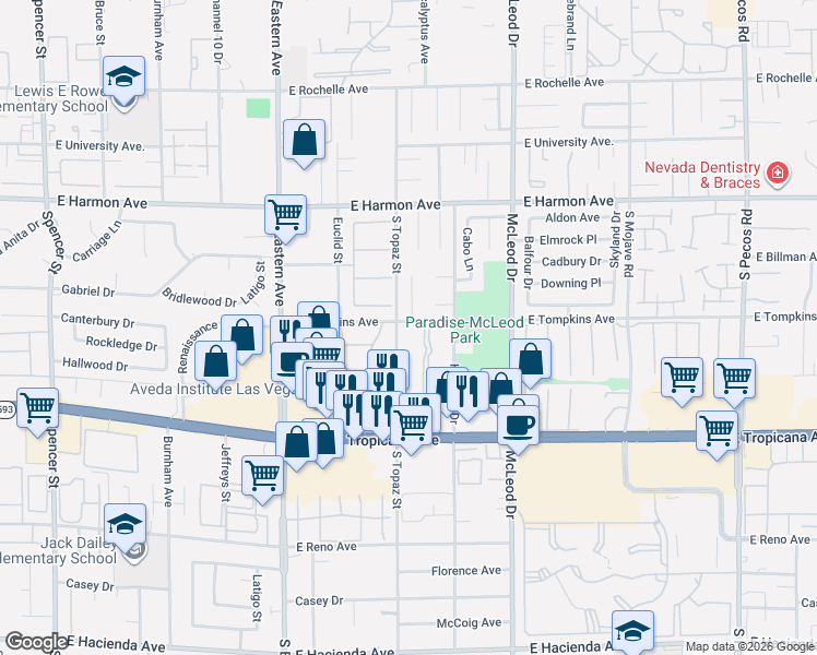 map of restaurants, bars, coffee shops, grocery stores, and more near 2593 La Fortuna Avenue in Las Vegas