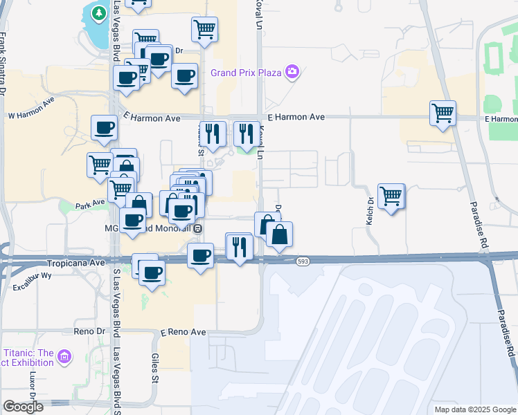 map of restaurants, bars, coffee shops, grocery stores, and more near 4784 Koval Lane in Las Vegas