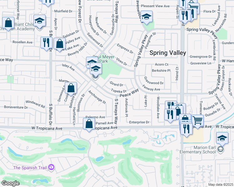 map of restaurants, bars, coffee shops, grocery stores, and more near 7319 Topeka Drive in Las Vegas