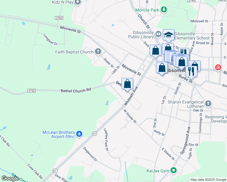 map of restaurants, bars, coffee shops, grocery stores, and more near 425 Homestead Street in Gibsonville