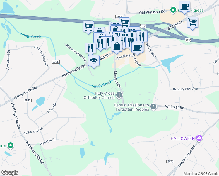 map of restaurants, bars, coffee shops, grocery stores, and more near 100 Madison Place Circle in Kernersville