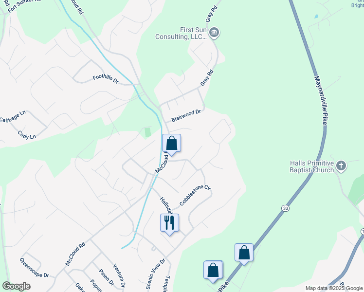 map of restaurants, bars, coffee shops, grocery stores, and more near 4525 Merissa Way in Knoxville
