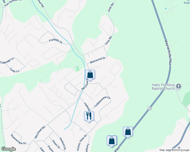 map of restaurants, bars, coffee shops, grocery stores, and more near 4525 Merissa Way in Knoxville