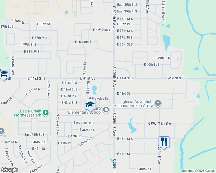 map of restaurants, bars, coffee shops, grocery stores, and more near 5000 North 37th Street in Broken Arrow