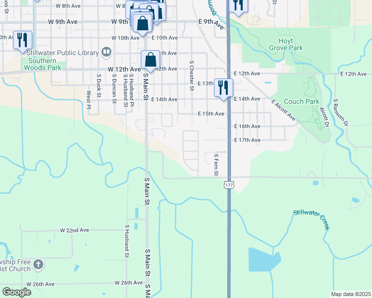 map of restaurants, bars, coffee shops, grocery stores, and more near 410 East 17th Avenue in Stillwater