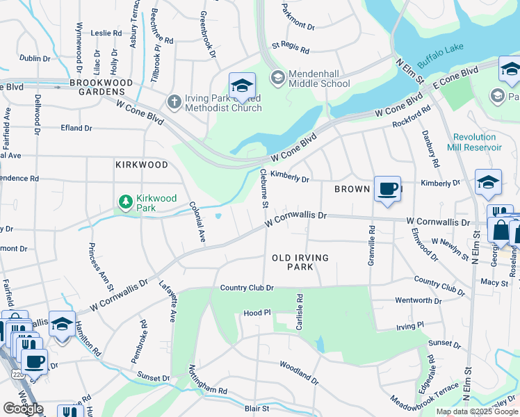 map of restaurants, bars, coffee shops, grocery stores, and more near 2105 Cleburne Street in Greensboro