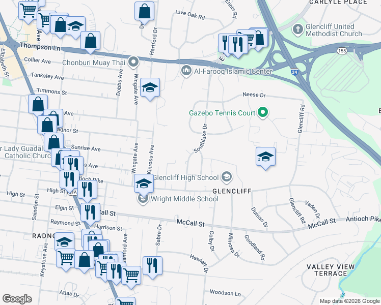 map of restaurants, bars, coffee shops, grocery stores, and more near 3211 Southlake Drive in Nashville