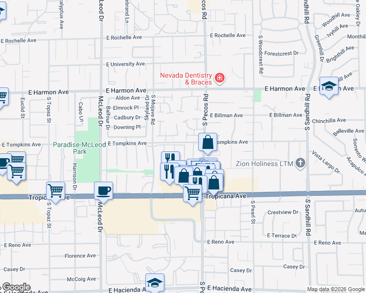 map of restaurants, bars, coffee shops, grocery stores, and more near 4713 East Montara Circle in Las Vegas