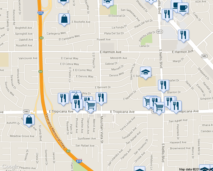 map of restaurants, bars, coffee shops, grocery stores, and more near 4652 East Bennett Drive in Las Vegas