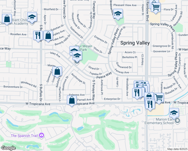 map of restaurants, bars, coffee shops, grocery stores, and more near 7319 Topeka Drive in Las Vegas