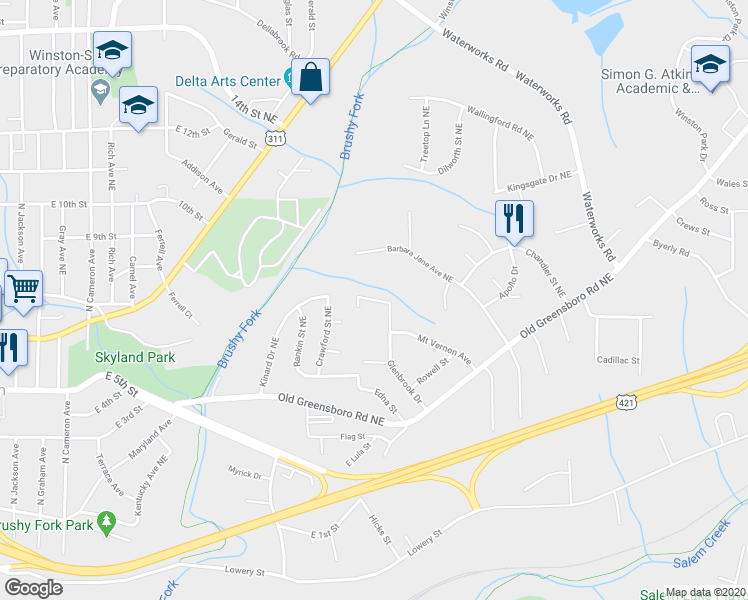 map of restaurants, bars, coffee shops, grocery stores, and more near Tanders Street Northeast in Winston-Salem
