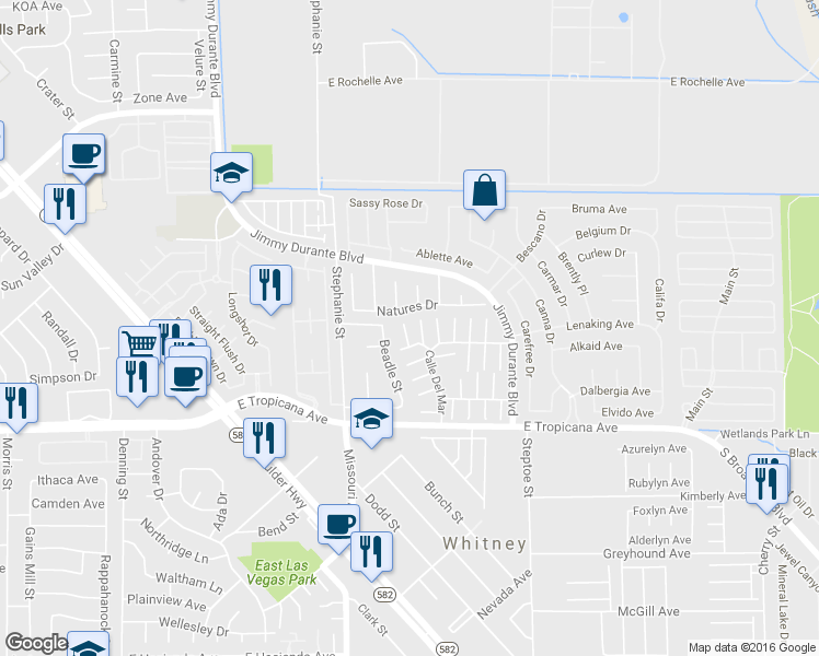 map of restaurants, bars, coffee shops, grocery stores, and more near 4732 Buena Vista Way in Las Vegas