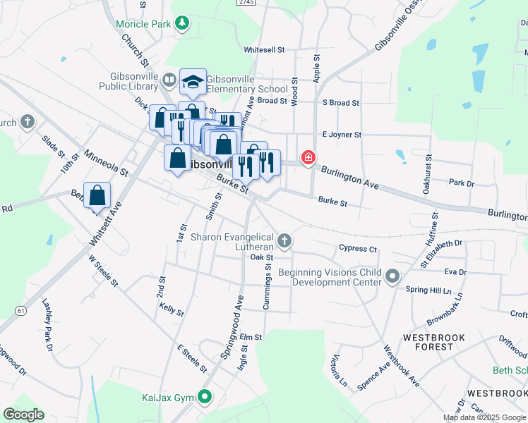 map of restaurants, bars, coffee shops, grocery stores, and more near 309 Alamance Street in Gibsonville