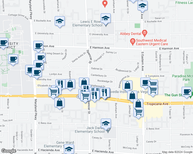 map of restaurants, bars, coffee shops, grocery stores, and more near 1875 Canterbury Drive in Las Vegas