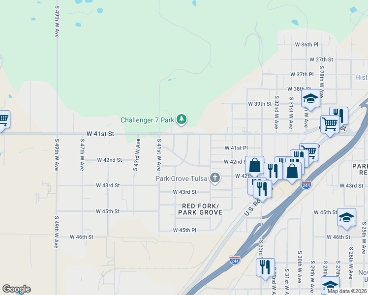map of restaurants, bars, coffee shops, grocery stores, and more near 4124 South 39th West Avenue in Tulsa