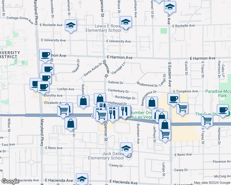 map of restaurants, bars, coffee shops, grocery stores, and more near 1875 Canterbury Drive in Las Vegas