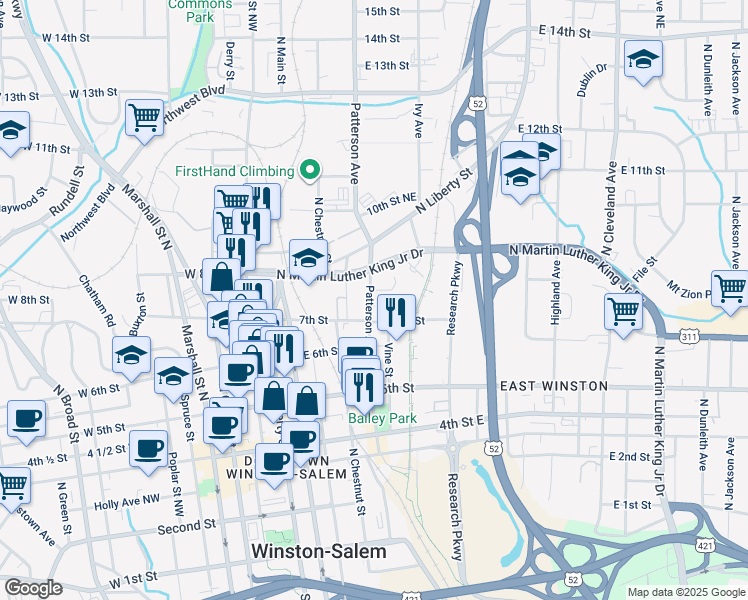 map of restaurants, bars, coffee shops, grocery stores, and more near 757 Patterson Avenue in Winston-Salem