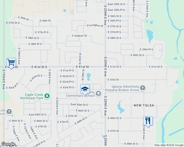 map of restaurants, bars, coffee shops, grocery stores, and more near 5109 North 34th Street in Broken Arrow