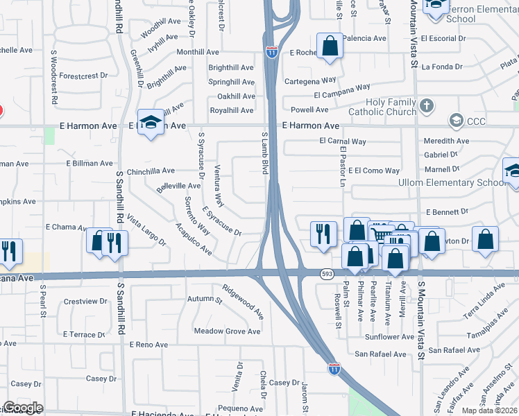 map of restaurants, bars, coffee shops, grocery stores, and more near 4185 Yakima Avenue in Las Vegas