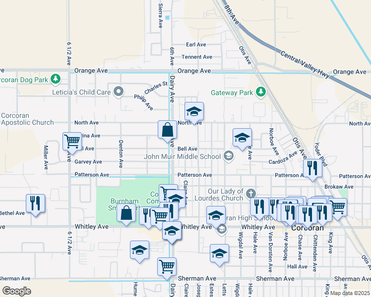 map of restaurants, bars, coffee shops, grocery stores, and more near 1900 Bell Avenue in Corcoran