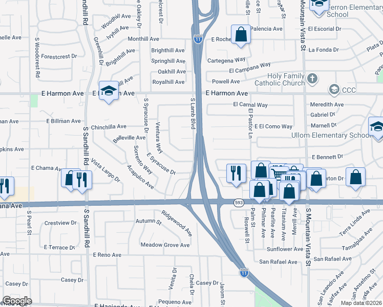 map of restaurants, bars, coffee shops, grocery stores, and more near 4185 Yakima Avenue in Las Vegas