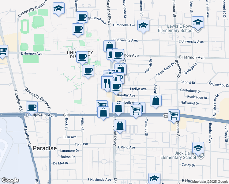 map of restaurants, bars, coffee shops, grocery stores, and more near 4700 South Maryland Parkway in Las Vegas
