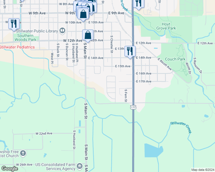 map of restaurants, bars, coffee shops, grocery stores, and more near 322 East 18th Avenue in Stillwater