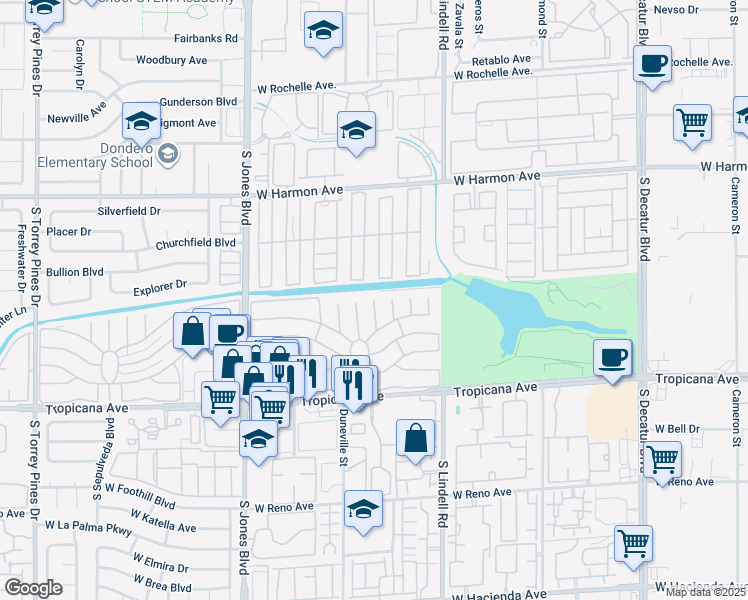 map of restaurants, bars, coffee shops, grocery stores, and more near Maricalbo Circle in Spring Valley