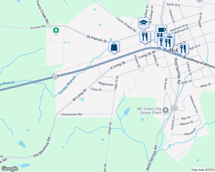 map of restaurants, bars, coffee shops, grocery stores, and more near 77 Ridgecrest in McEwen
