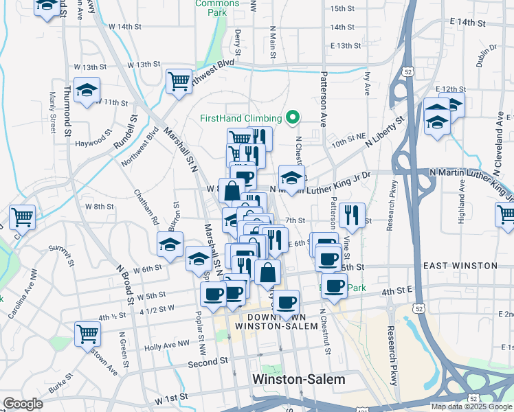 map of restaurants, bars, coffee shops, grocery stores, and more near 770 Liberty View Court in Winston-Salem