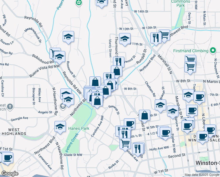 map of restaurants, bars, coffee shops, grocery stores, and more near 1151 Canal Drive in Winston-Salem