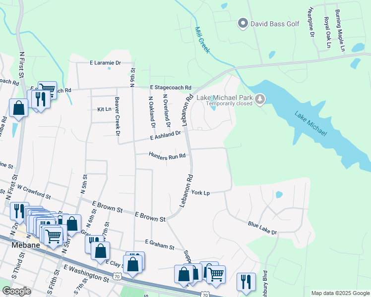 map of restaurants, bars, coffee shops, grocery stores, and more near 507 West Lebanon Road in Mebane