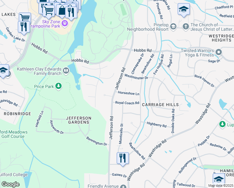 map of restaurants, bars, coffee shops, grocery stores, and more near 1104 Jefferson Road in Greensboro