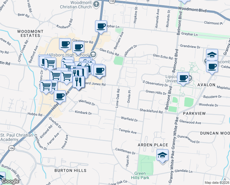 map of restaurants, bars, coffee shops, grocery stores, and more near 4107 Lone Oak Road in Nashville