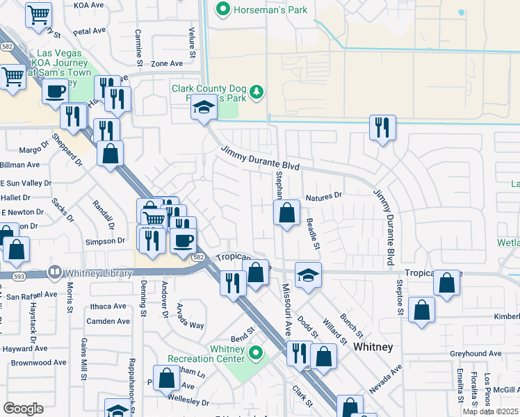 map of restaurants, bars, coffee shops, grocery stores, and more near 5710 East Tropicana Avenue in Las Vegas
