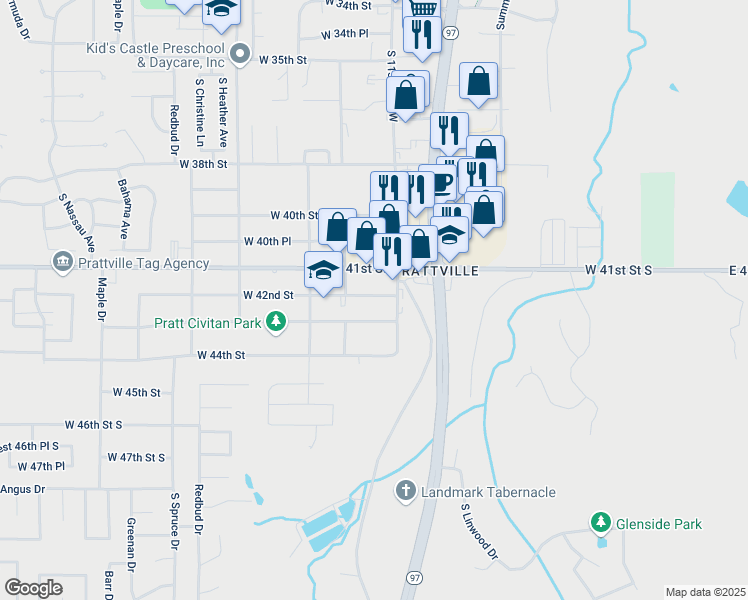 map of restaurants, bars, coffee shops, grocery stores, and more near 8 West 42nd Street in Sand Springs