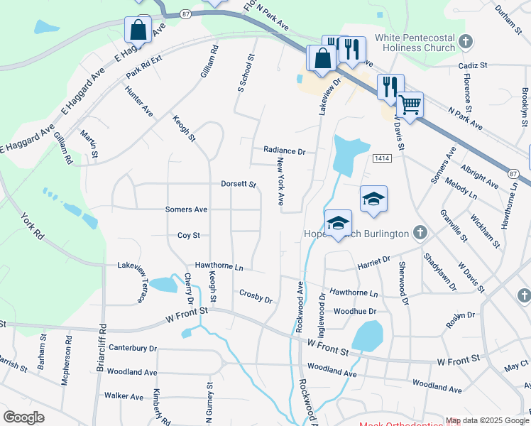 map of restaurants, bars, coffee shops, grocery stores, and more near 1817 Dorsett Street in Burlington
