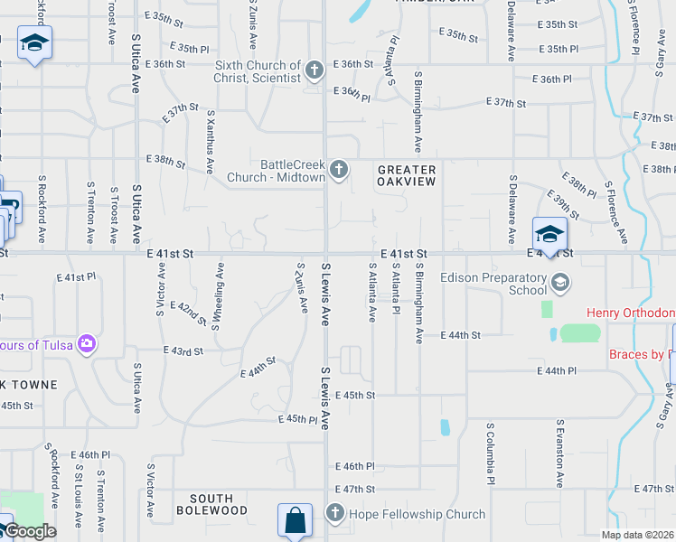 map of restaurants, bars, coffee shops, grocery stores, and more near 4115 South Lewis Avenue in Tulsa