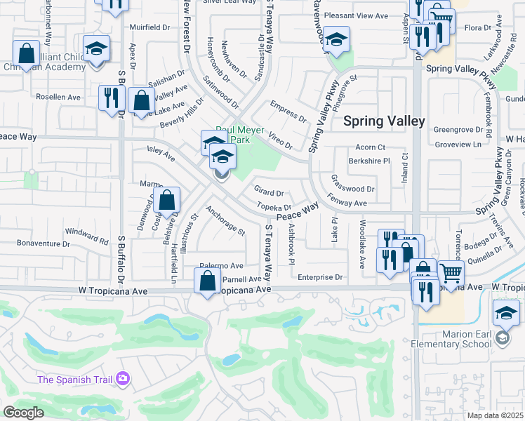 map of restaurants, bars, coffee shops, grocery stores, and more near 7319 Topeka Drive in Las Vegas