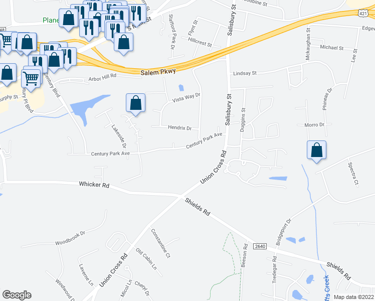 map of restaurants, bars, coffee shops, grocery stores, and more near 1109 Century Park Avenue in Kernersville