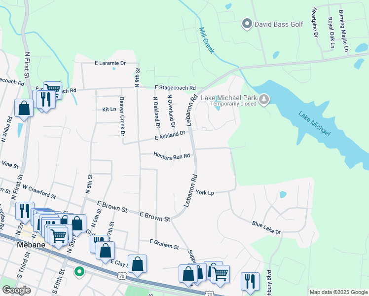 map of restaurants, bars, coffee shops, grocery stores, and more near 106 Fawn Circle in Mebane