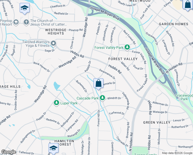 map of restaurants, bars, coffee shops, grocery stores, and more near 4100 Cascade Drive in Greensboro