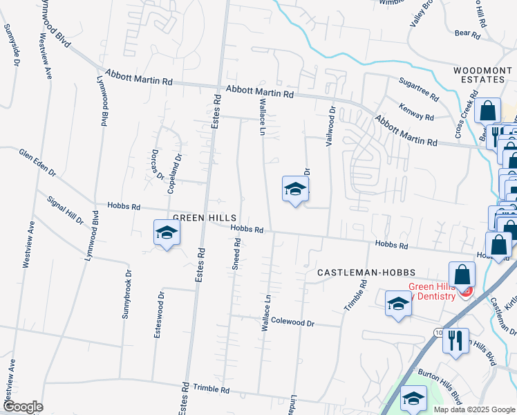 map of restaurants, bars, coffee shops, grocery stores, and more near 4123 Wallace Lane in Nashville