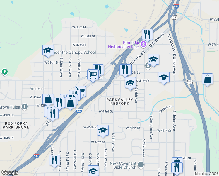 map of restaurants, bars, coffee shops, grocery stores, and more near 2521 West 41st Place in Tulsa