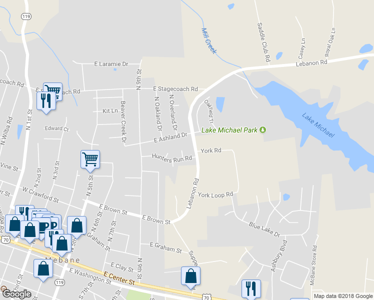 map of restaurants, bars, coffee shops, grocery stores, and more near 106 Fawn Circle in Mebane