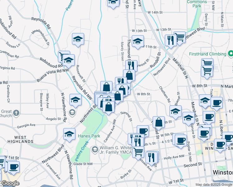 map of restaurants, bars, coffee shops, grocery stores, and more near Bridge Street Northwest in Winston-Salem